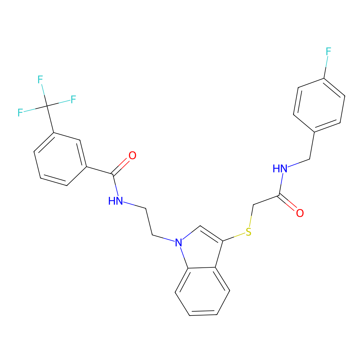 N-[2-[3-[2-[(4-fluorophenyl)methylamino]-2-oxoethyl]sulfanylindol-1-yl]ethyl]-3-(trifluoromethyl)benzamide molecular structure, CAS 851714-88-0