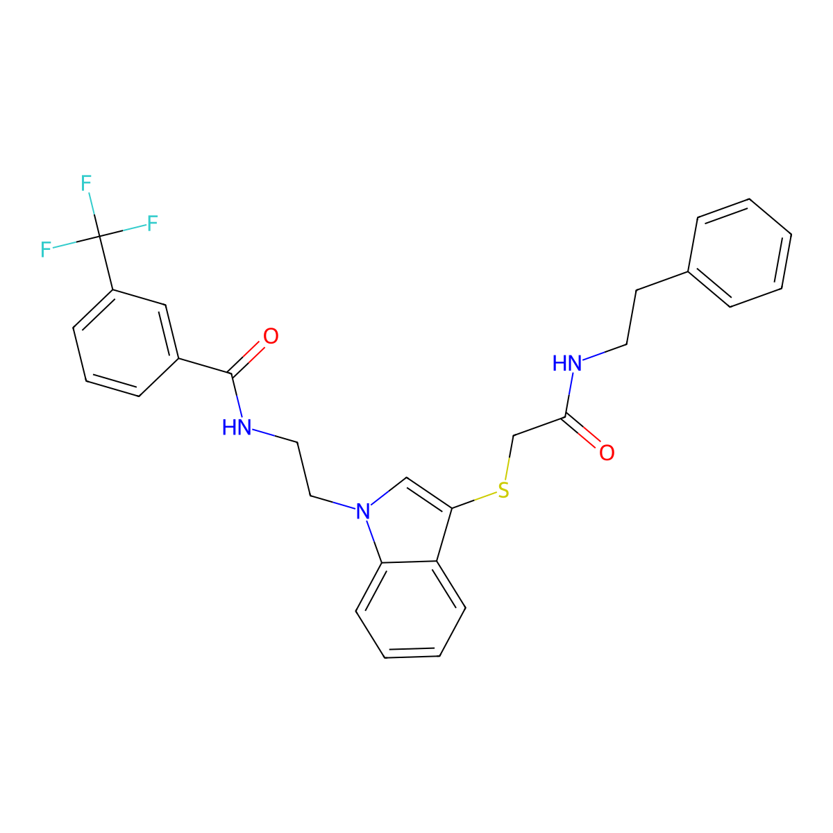 N-(2-(3-((2-oxo-2-(phenethylamino)ethyl)thio)-1H-indol-1-yl)ethyl)-3-(trifluoromethyl)benzamide molecular structure, CAS 851714-89-1
