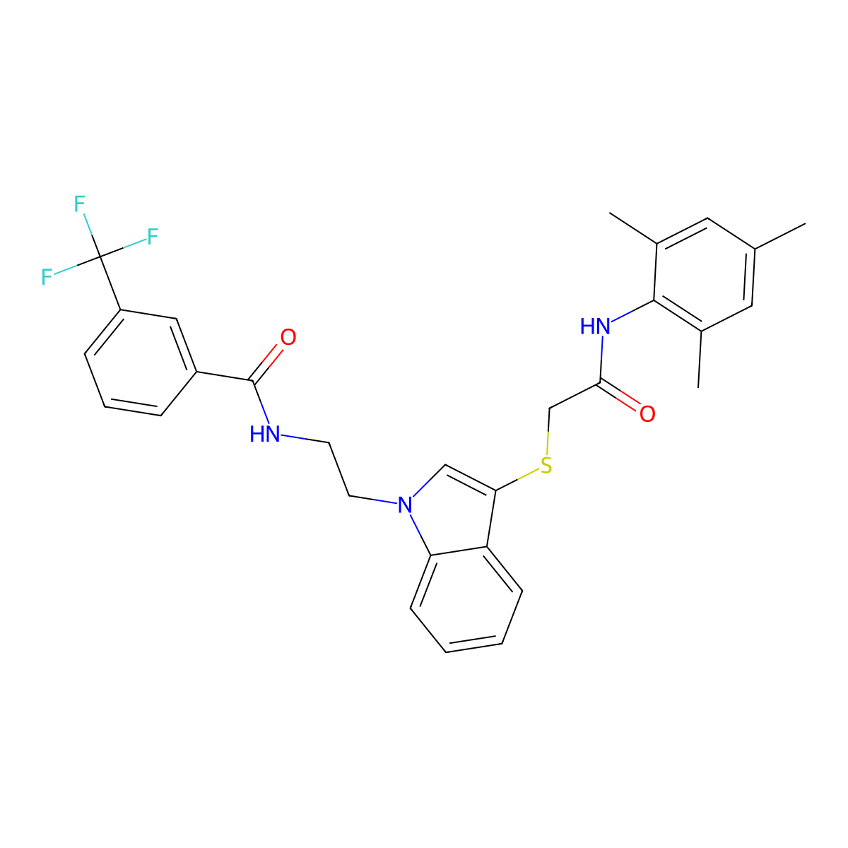 N-(2-(3-((2-(mesitylamino)-2-oxoethyl)thio)-1H-indol-1-yl)ethyl)-3-(trifluoromethyl)benzamide molecular structure, CAS 851714-90-4