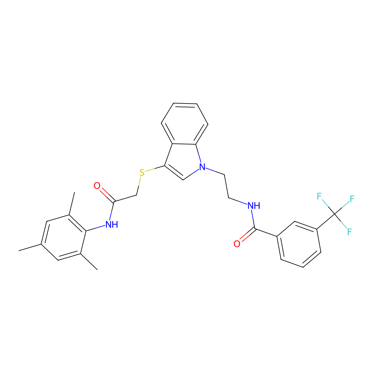 N-(2-(3-((2-(mesitylamino)-2-oxoethyl)thio)-1H-indol-1-yl)ethyl)-3-(trifluoromethyl)benzamide molecular structure, CAS 851714-90-4