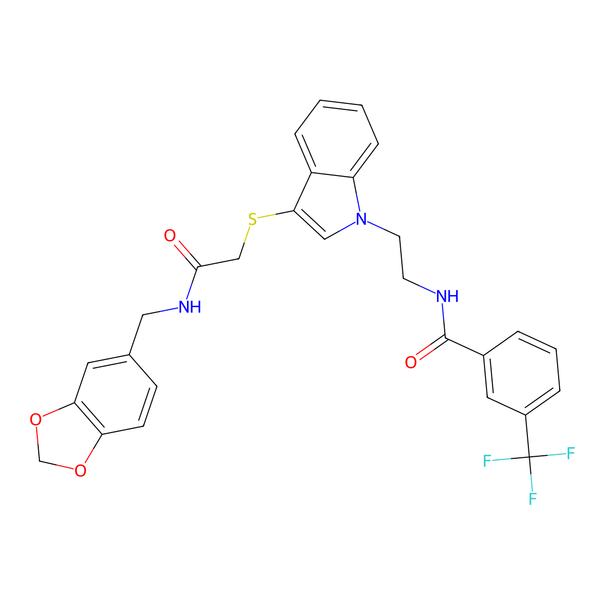 N-(2-(3-((2-((benzo[d][1,3]dioxol-5-ylmethyl)amino)-2-oxoethyl)thio)-1H-indol-1-yl)ethyl)-3-(trifluoromethyl)benzamide molecular structure, CAS 851714-91-5