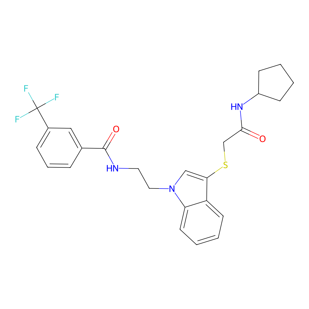 N-(2-(3-((2-(cyclopentylamino)-2-oxoethyl)thio)-1H-indol-1-yl)ethyl)-3-(trifluoromethyl)benzamide molecular structure, CAS 851714-92-6