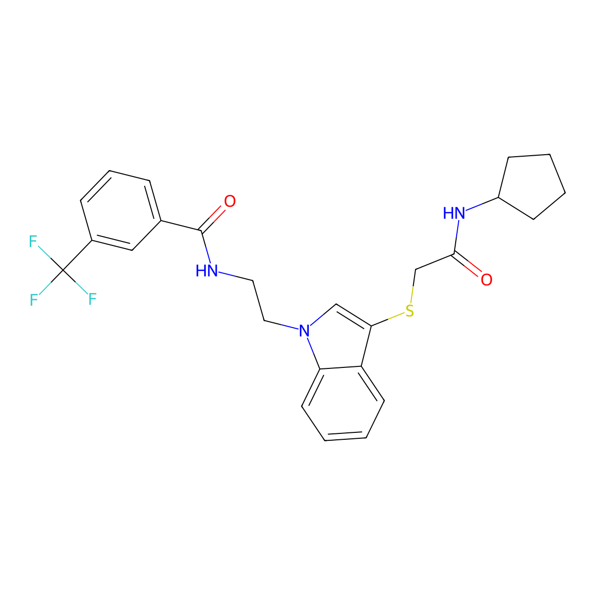 N-(2-(3-((2-(cyclopentylamino)-2-oxoethyl)thio)-1H-indol-1-yl)ethyl)-3-(trifluoromethyl)benzamide molecular structure, CAS 851714-92-6