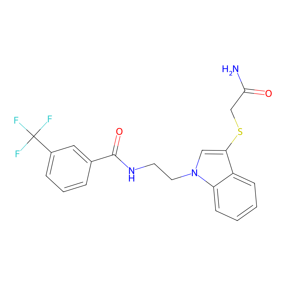 N-[2-[3-(2-amino-2-oxoethyl)sulfanylindol-1-yl]ethyl]-3-(trifluoromethyl)benzamide molecular structure, CAS 851714-93-7
