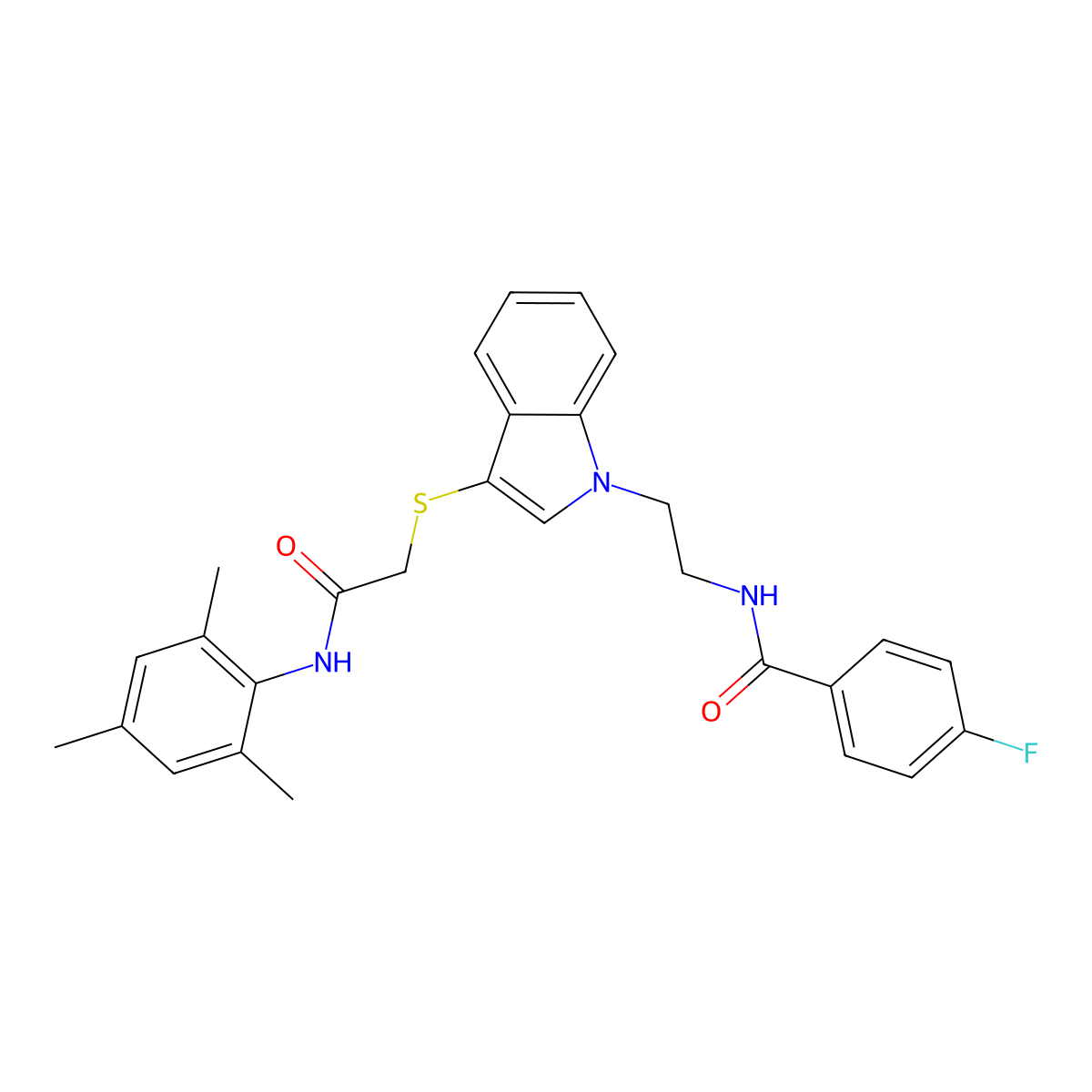 4-fluoro-N-(2-(3-((2-(mesitylamino)-2-oxoethyl)thio)-1H-indol-1-yl)ethyl)benzamide molecular structure, CAS 851714-95-9