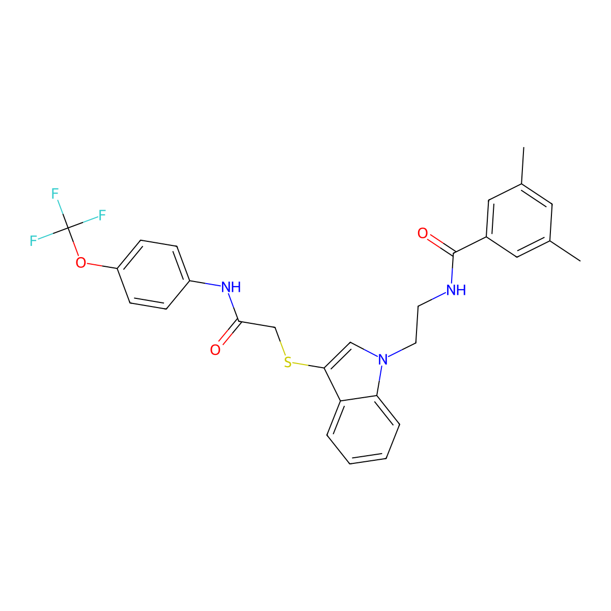 3,5-dimethyl-N-[2-[3-[2-oxo-2-[4-(trifluoromethoxy)anilino]ethyl]sulfanylindol-1-yl]ethyl]benzamide molecular structure, CAS 851714-96-0