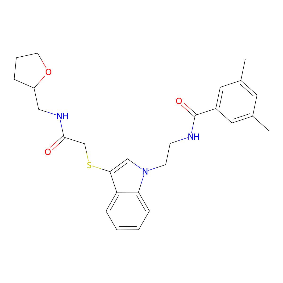 3,5-dimethyl-N-[2-[3-[2-oxo-2-(oxolan-2-ylmethylamino)ethyl]sulfanylindol-1-yl]ethyl]benzamide molecular structure, CAS 851714-97-1