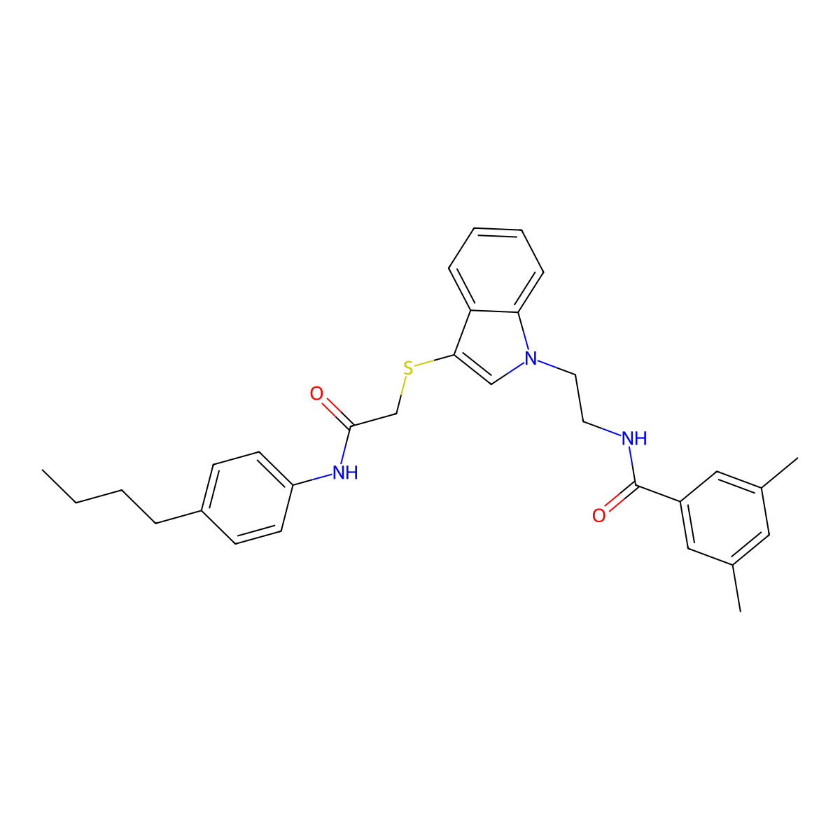 N-(2-(3-((2-((4-butylphenyl)amino)-2-oxoethyl)thio)-1H-indol-1-yl)ethyl)-3,5-dimethylbenzamide molecular structure, CAS 851714-98-2
