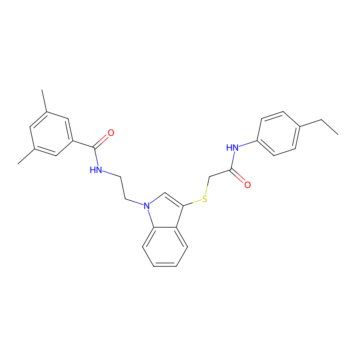 N-(2-(3-((2-((4-ethylphenyl)amino)-2-oxoethyl)thio)-1H-indol-1-yl)ethyl)-3,5-dimethylbenzamide molecular structure, CAS 851714-99-3