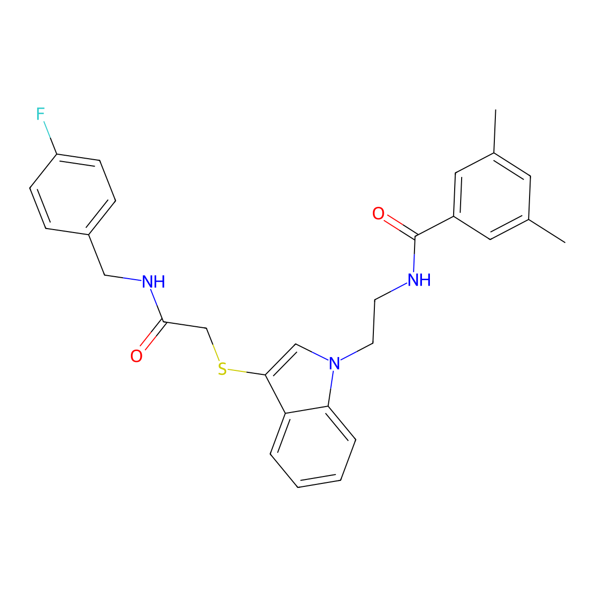 N-(2-(3-((2-((4-fluorobenzyl)amino)-2-oxoethyl)thio)-1H-indol-1-yl)ethyl)-3,5-dimethylbenzamide molecular structure, CAS 851715-02-1