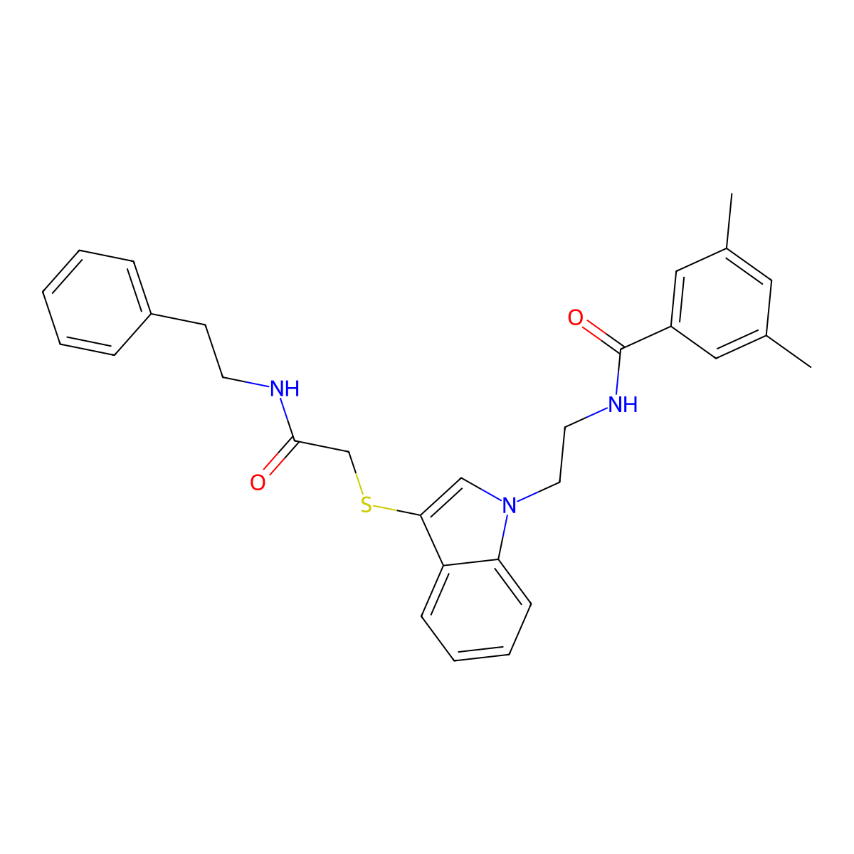 3,5-dimethyl-N-(2-(3-((2-oxo-2-(phenethylamino)ethyl)thio)-1H-indol-1-yl)ethyl)benzamide molecular structure, CAS 851715-03-2