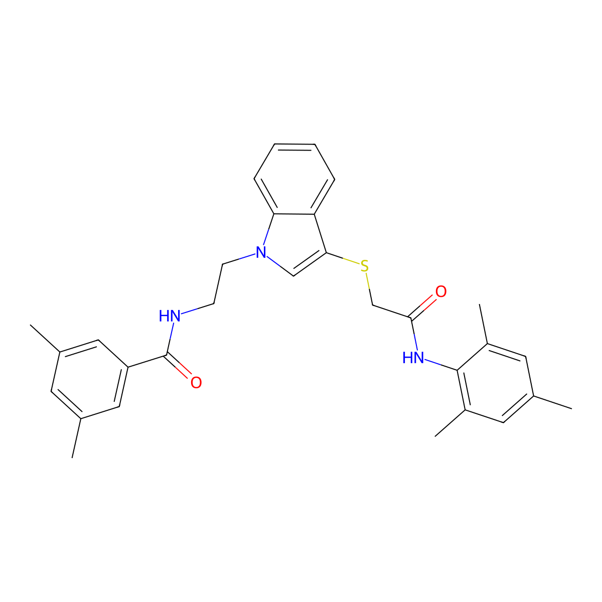 N-(2-(3-((2-(mesitylamino)-2-oxoethyl)thio)-1H-indol-1-yl)ethyl)-3,5-dimethylbenzamide molecular structure, CAS 851715-04-3