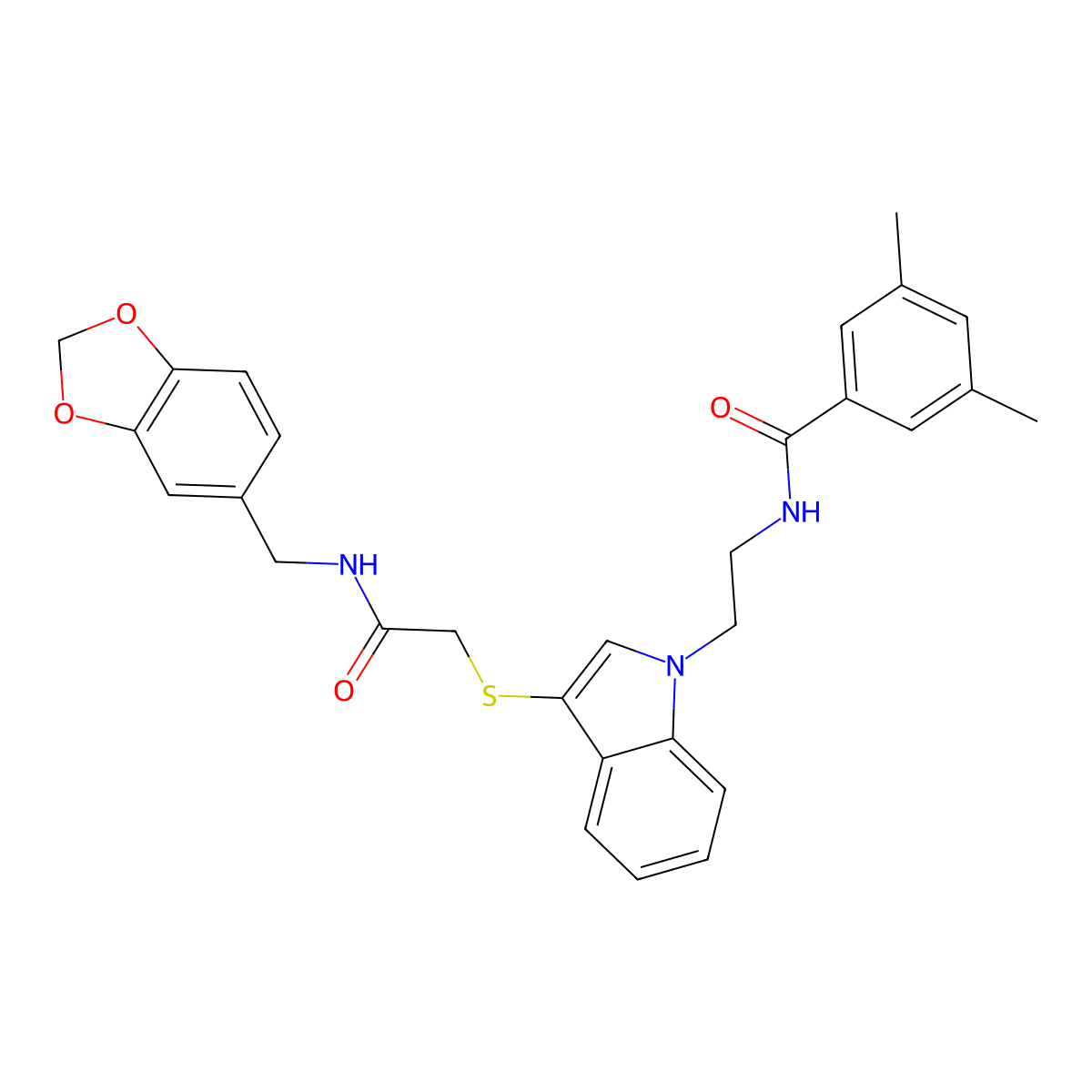 N-(2-(3-((2-((benzo[d][1,3]dioxol-5-ylmethyl)amino)-2-oxoethyl)thio)-1H-indol-1-yl)ethyl)-3,5-dimethylbenzamide molecular structure, CAS 851715-05-4