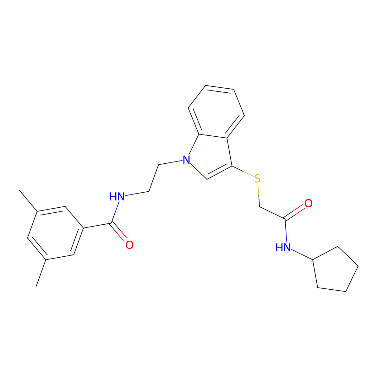 N-[2-[3-[2-(cyclopentylamino)-2-oxoethyl]sulfanylindol-1-yl]ethyl]-3,5-dimethylbenzamide molecular structure, CAS 851715-06-5