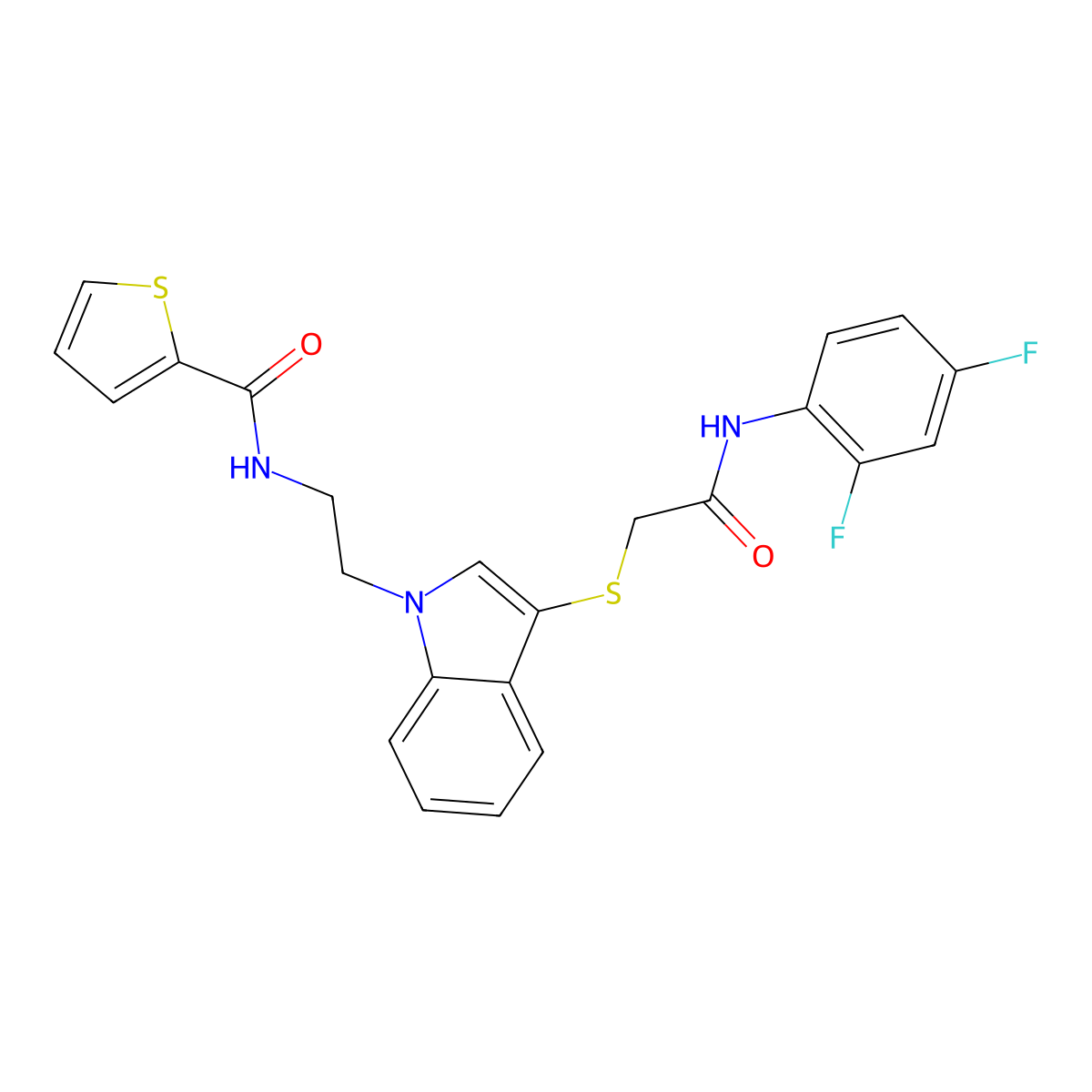 N-[2-[3-[2-(2,4-difluoroanilino)-2-oxoethyl]sulfanylindol-1-yl]ethyl]thiophene-2-carboxamide molecular structure, CAS 851715-09-8