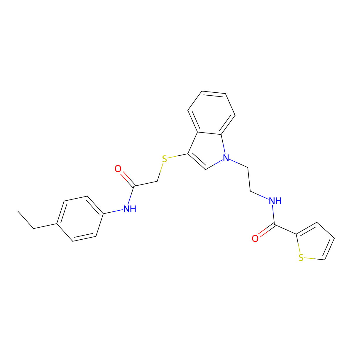 N-(2-(3-((2-((4-ethylphenyl)amino)-2-oxoethyl)thio)-1H-indol-1-yl)ethyl)thiophene-2-carboxamide molecular structure, CAS 851715-12-3