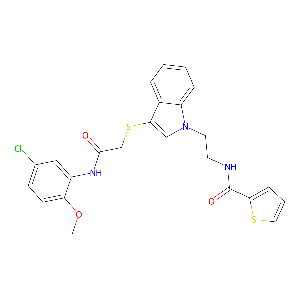 N-(2-(3-((2-((5-chloro-2-methoxyphenyl)amino)-2-oxoethyl)thio)-1H-indol-1-yl)ethyl)thiophene-2-carboxamide molecular structure, CAS 851715-13-4