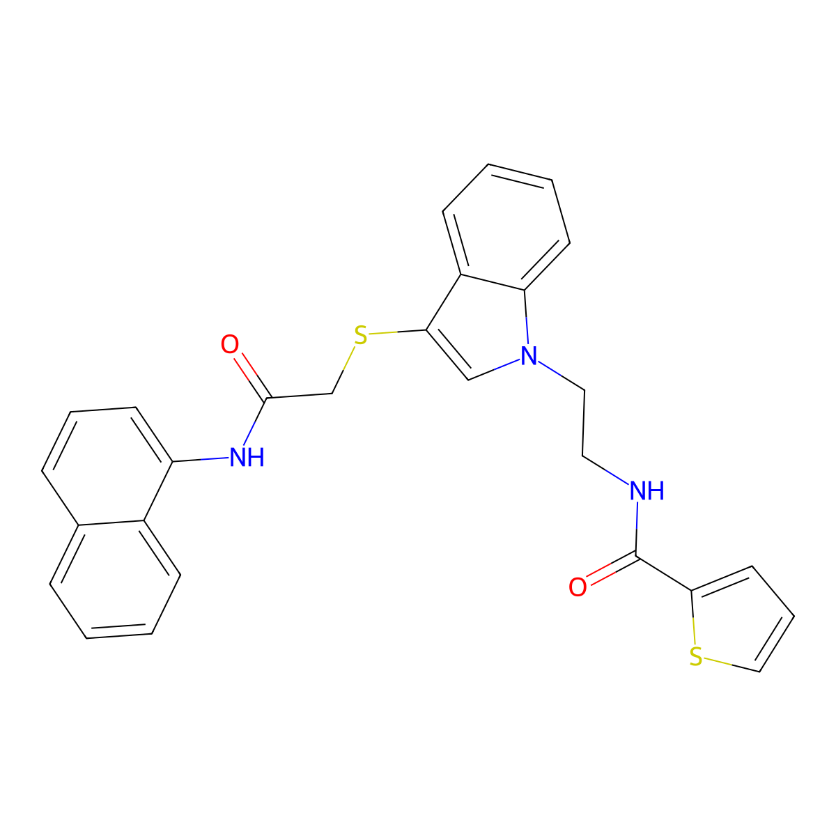 N-[2-[3-[2-(naphthalen-1-ylamino)-2-oxoethyl]sulfanylindol-1-yl]ethyl]thiophene-2-carboxamide molecular structure, CAS 851715-14-5