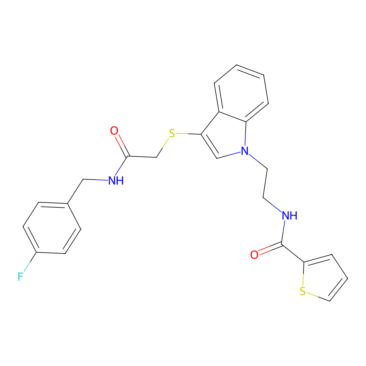 N-[2-[3-[2-[(4-fluorophenyl)methylamino]-2-oxoethyl]sulfanylindol-1-yl]ethyl]thiophene-2-carboxamide molecular structure, CAS 851715-17-8