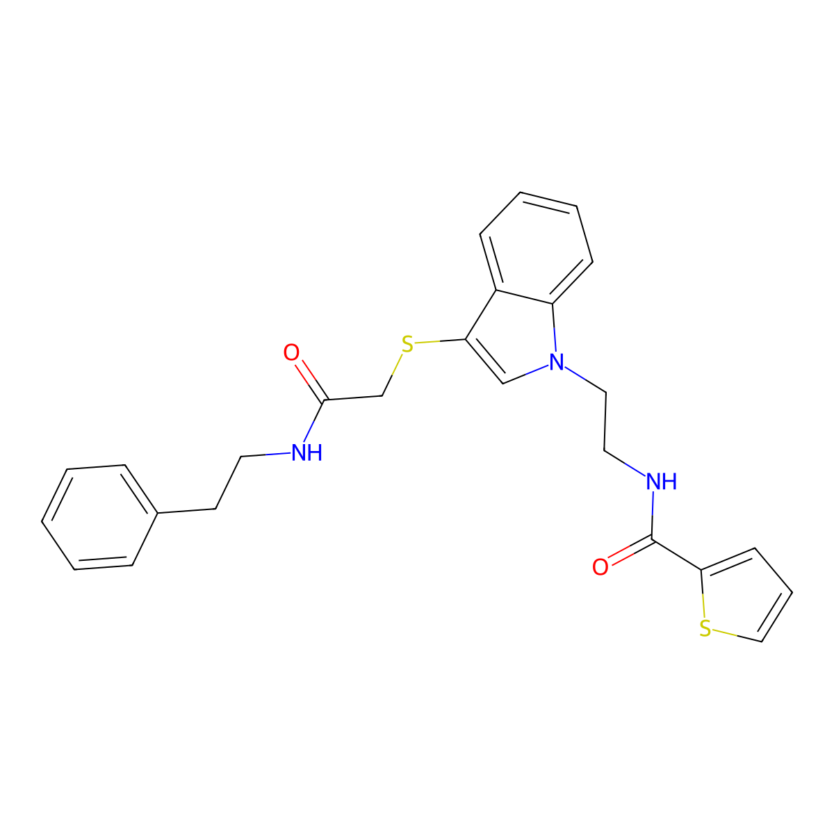 N-(2-(3-((2-oxo-2-(phenethylamino)ethyl)thio)-1H-indol-1-yl)ethyl)thiophene-2-carboxamide molecular structure, CAS 851715-19-0