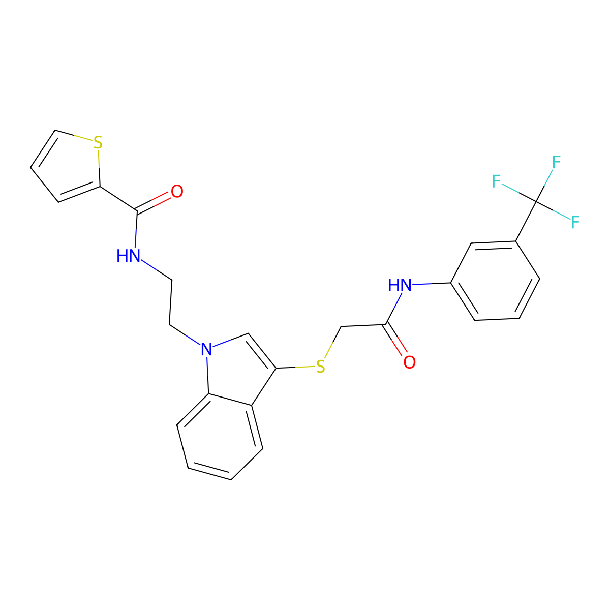N-(2-(3-((2-oxo-2-((3-(trifluoromethyl)phenyl)amino)ethyl)thio)-1H-indol-1-yl)ethyl)thiophene-2-carboxamide molecular structure, CAS 851715-20-3