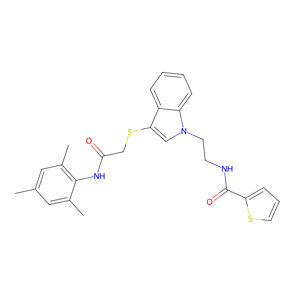 N-(2-(3-((2-(mesitylamino)-2-oxoethyl)thio)-1H-indol-1-yl)ethyl)thiophene-2-carboxamide molecular structure, CAS 851715-21-4