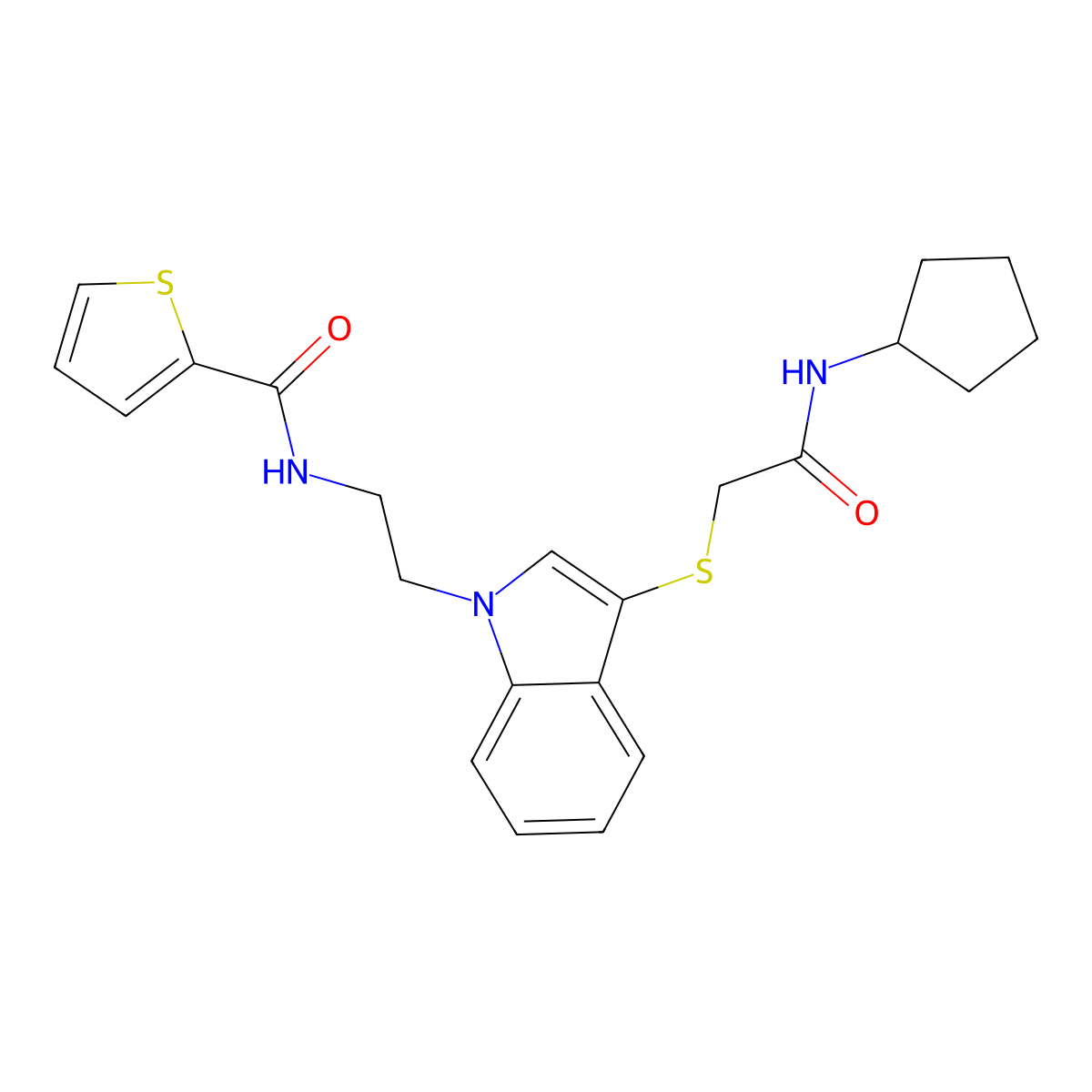 N-[2-[3-[2-(cyclopentylamino)-2-oxoethyl]sulfanylindol-1-yl]ethyl]thiophene-2-carboxamide molecular structure, CAS 851715-22-5