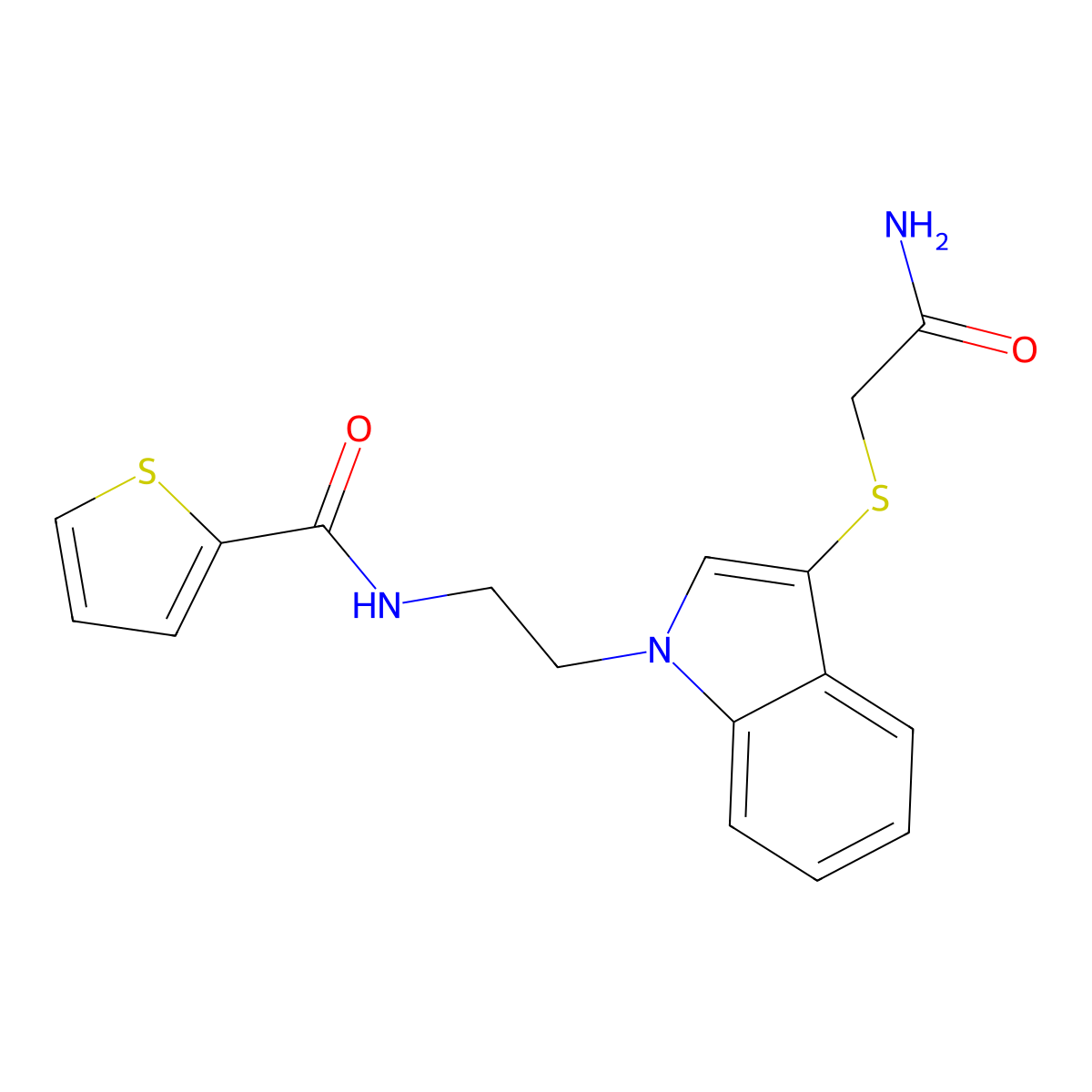 N-[2-[3-(2-amino-2-oxoethyl)sulfanylindol-1-yl]ethyl]thiophene-2-carboxamide molecular structure, CAS 851715-23-6