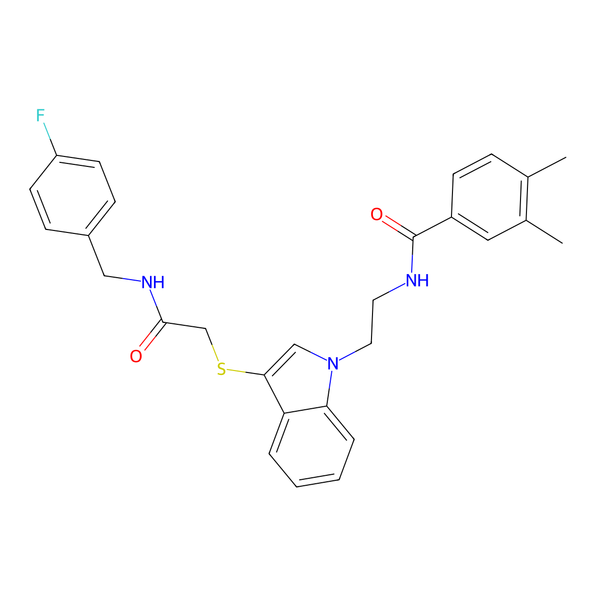 N-(2-(3-((2-((4-fluorobenzyl)amino)-2-oxoethyl)thio)-1H-indol-1-yl)ethyl)-3,4-dimethylbenzamide molecular structure, CAS 851715-24-7