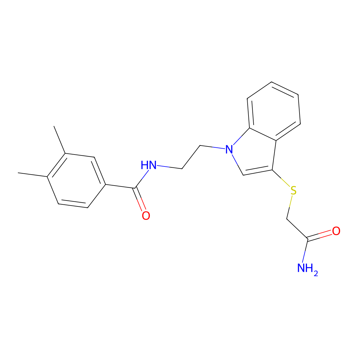 N-[2-[3-(2-amino-2-oxoethyl)sulfanylindol-1-yl]ethyl]-3,4-dimethylbenzamide molecular structure, CAS 851715-25-8