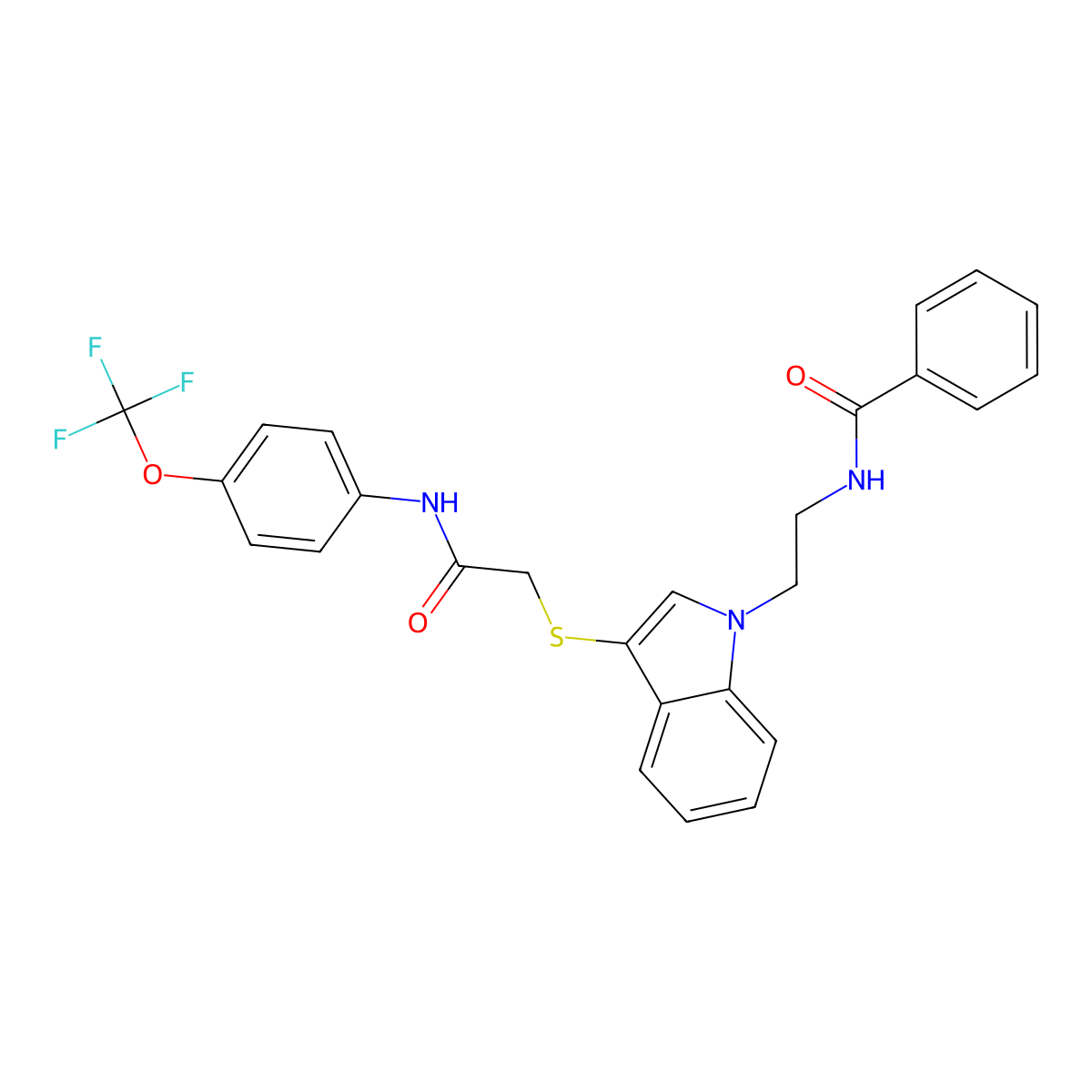 N-(2-(3-((2-oxo-2-((4-(trifluoromethoxy)phenyl)amino)ethyl)thio)-1H-indol-1-yl)ethyl)benzamide molecular structure, CAS 851715-27-0