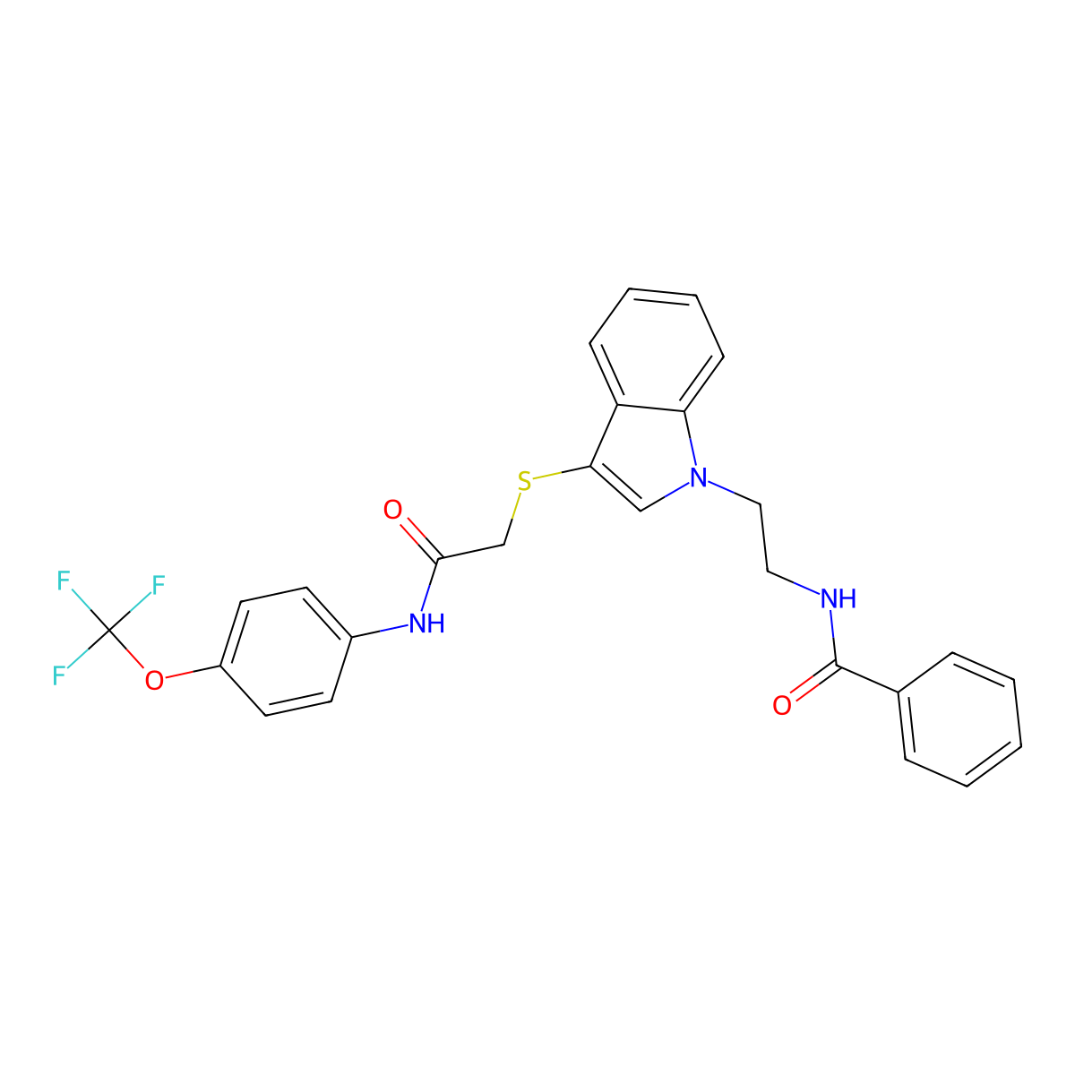 N-(2-(3-((2-oxo-2-((4-(trifluoromethoxy)phenyl)amino)ethyl)thio)-1H-indol-1-yl)ethyl)benzamide molecular structure, CAS 851715-27-0