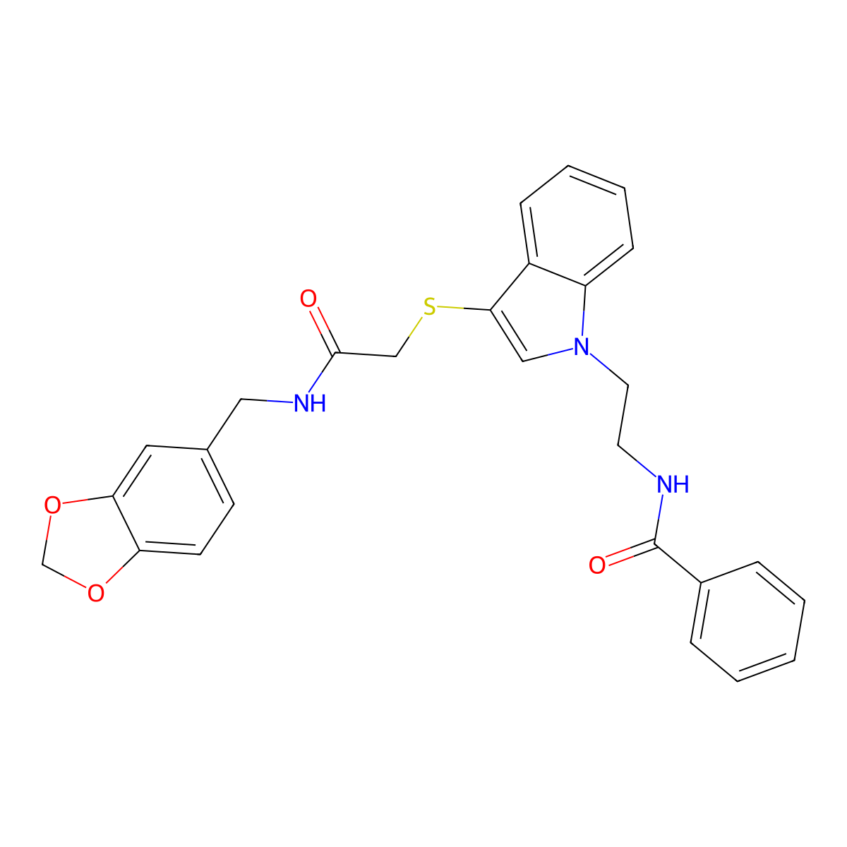 N-(2-(3-((2-((benzo[d][1,3]dioxol-5-ylmethyl)amino)-2-oxoethyl)thio)-1H-indol-1-yl)ethyl)benzamide molecular structure, CAS 851715-33-8