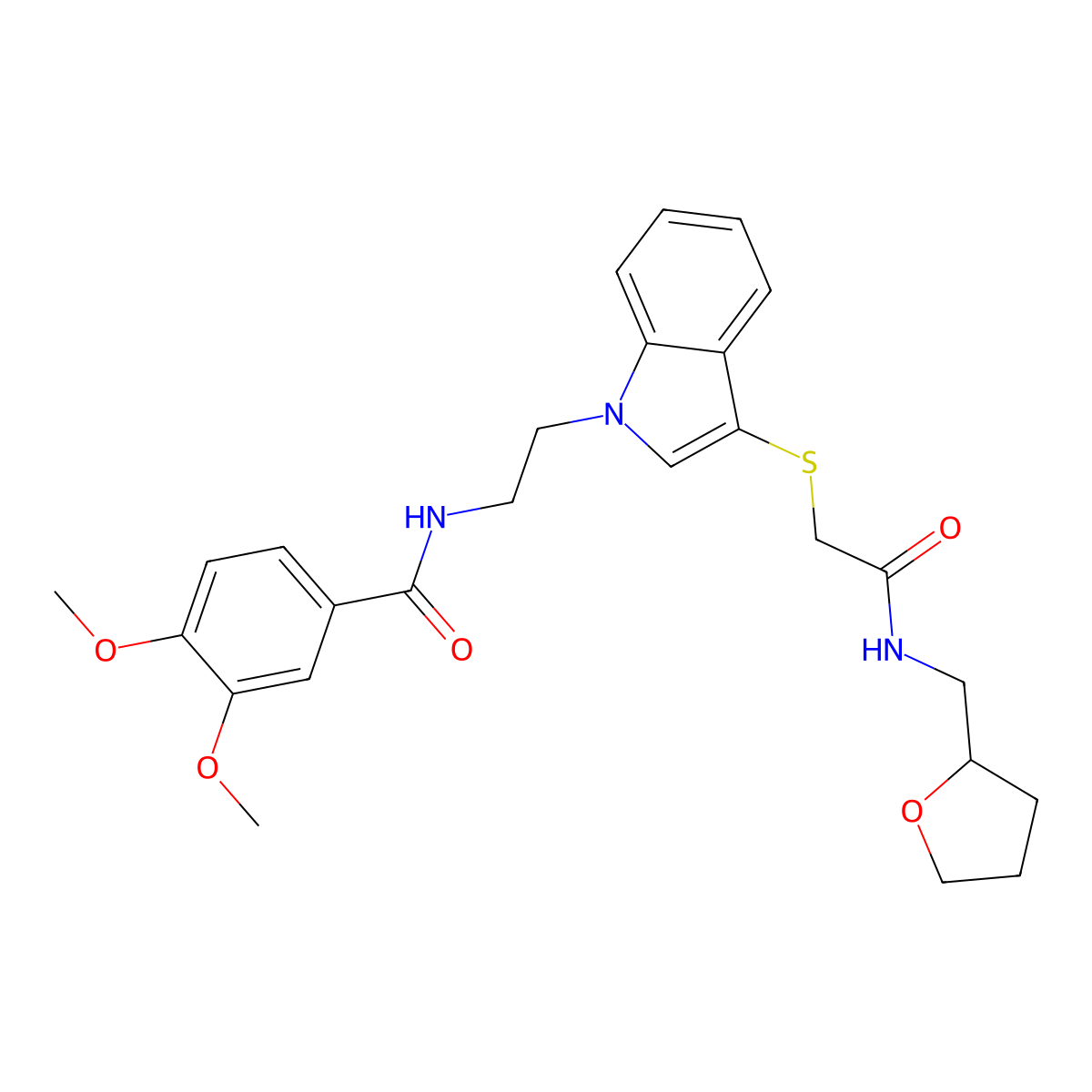 3,4-dimethoxy-N-[2-[3-[2-oxo-2-(oxolan-2-ylmethylamino)ethyl]sulfanylindol-1-yl]ethyl]benzamide molecular structure, CAS 851715-39-4