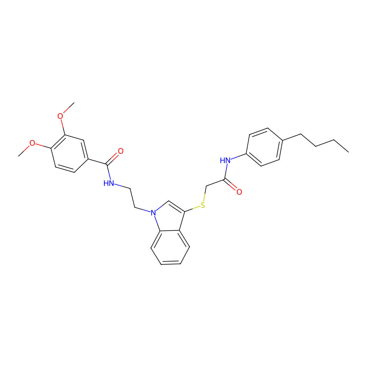 N-(2-(3-((2-((4-butylphenyl)amino)-2-oxoethyl)thio)-1H-indol-1-yl)ethyl)-3,4-dimethoxybenzamide molecular structure, CAS 851715-40-7