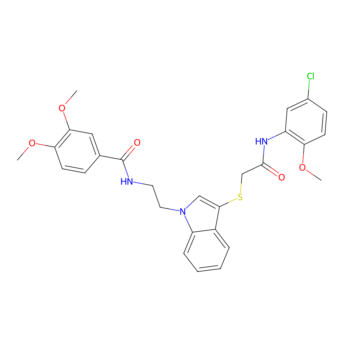 N-(2-(3-((2-((5-chloro-2-methoxyphenyl)amino)-2-oxoethyl)thio)-1H-indol-1-yl)ethyl)-3,4-dimethoxybenzamide molecular structure, CAS 851715-42-9