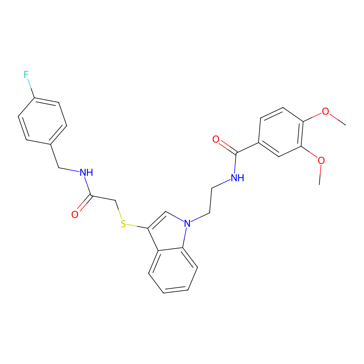 N-[2-[3-[2-[(4-fluorophenyl)methylamino]-2-oxoethyl]sulfanylindol-1-yl]ethyl]-3,4-dimethoxybenzamide molecular structure, CAS 851715-45-2