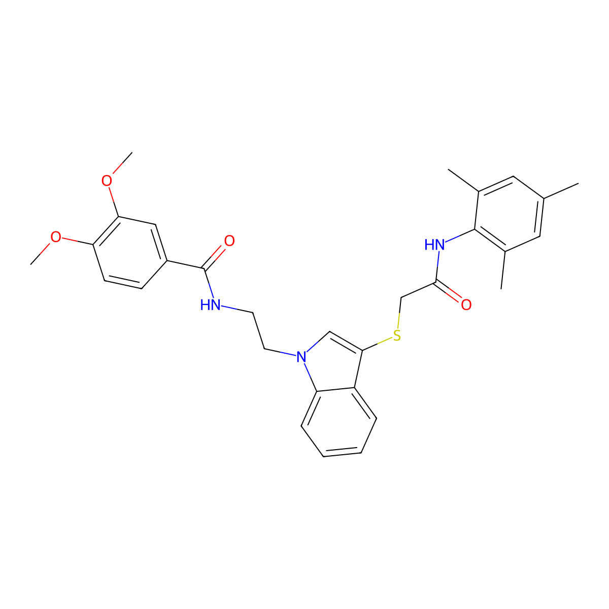 N-(2-(3-((2-(mesitylamino)-2-oxoethyl)thio)-1H-indol-1-yl)ethyl)-3,4-dimethoxybenzamide molecular structure, CAS 851715-46-3