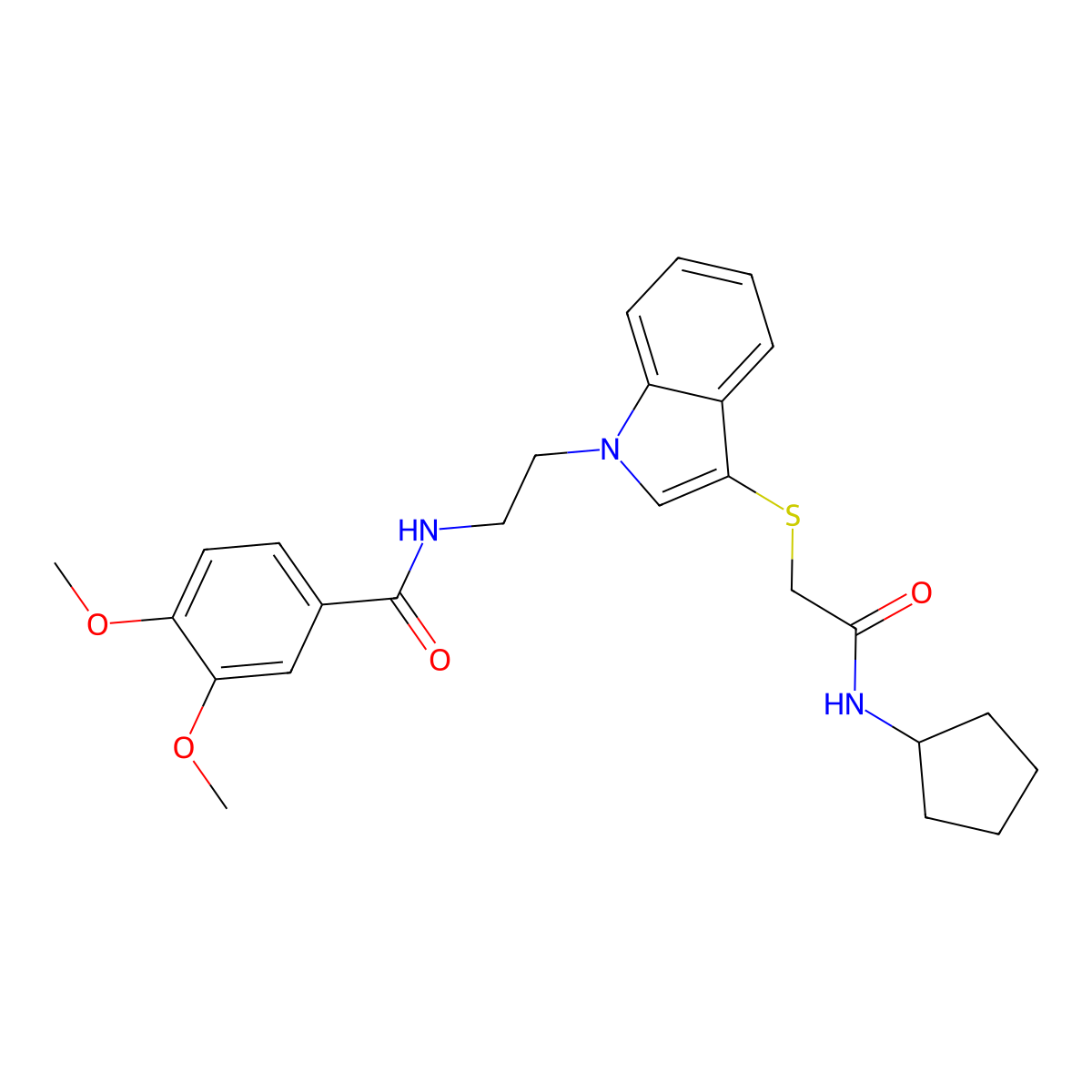 N-(2-(3-((2-(cyclopentylamino)-2-oxoethyl)thio)-1H-indol-1-yl)ethyl)-3,4-dimethoxybenzamide molecular structure, CAS 851715-48-5