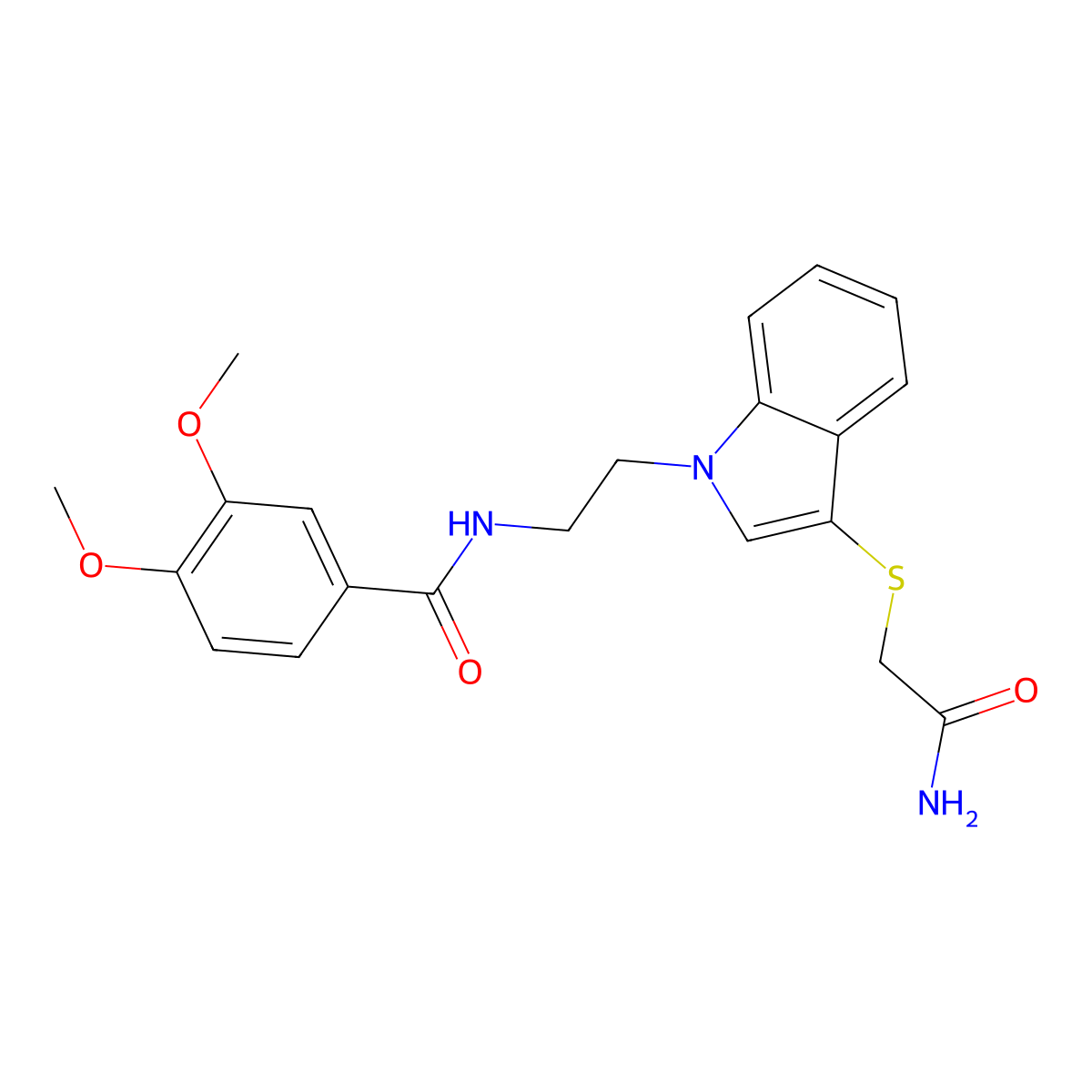 N-[2-[3-(2-amino-2-oxoethyl)sulfanylindol-1-yl]ethyl]-3,4-dimethoxybenzamide molecular structure, CAS 851715-49-6