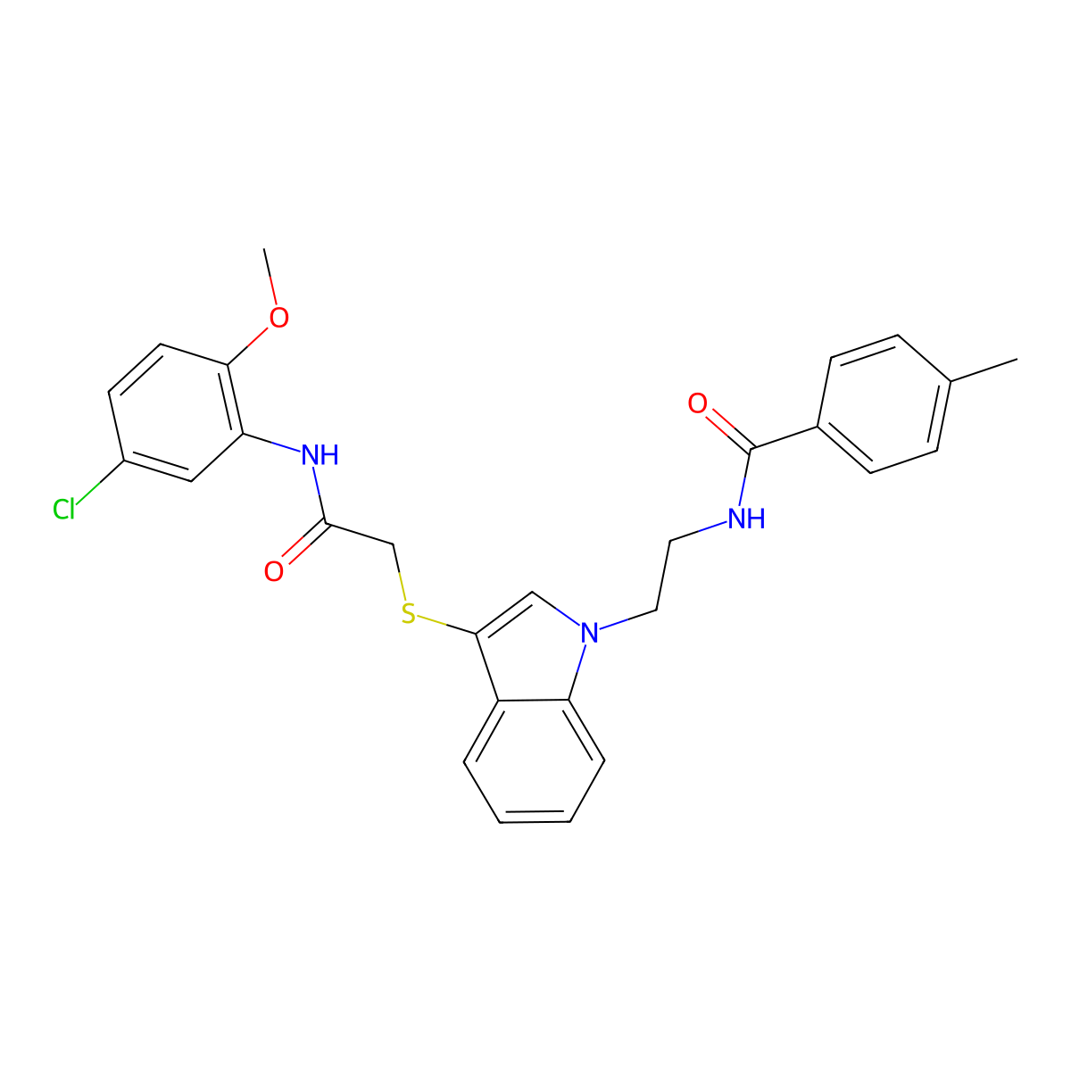 N-(2-(3-((2-((5-chloro-2-methoxyphenyl)amino)-2-oxoethyl)thio)-1H-indol-1-yl)ethyl)-4-methylbenzamide molecular structure, CAS 851715-50-9