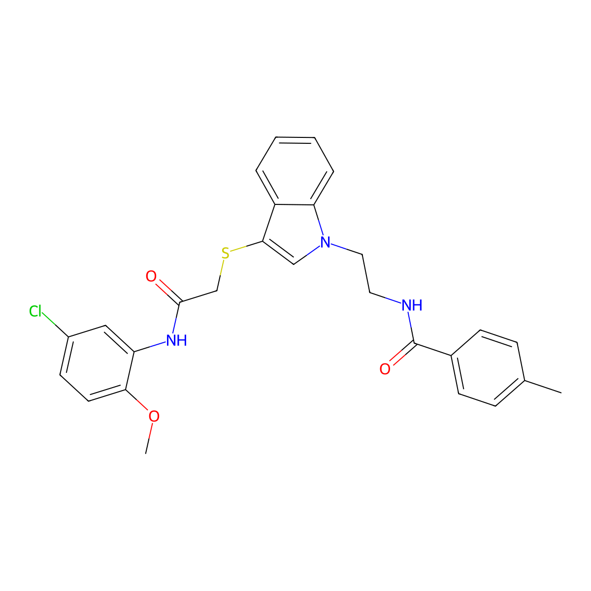 N-(2-(3-((2-((5-chloro-2-methoxyphenyl)amino)-2-oxoethyl)thio)-1H-indol-1-yl)ethyl)-4-methylbenzamide molecular structure, CAS 851715-50-9