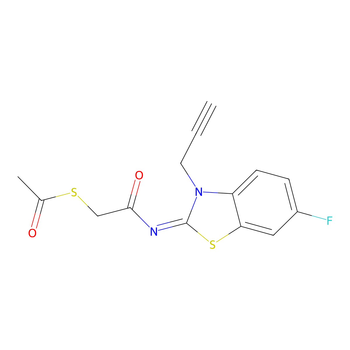 S-[2-[(6-fluoro-3-prop-2-ynyl-1,3-benzothiazol-2-ylidene)amino]-2-oxoethyl] ethanethioate molecular structure, CAS 851716-65-9