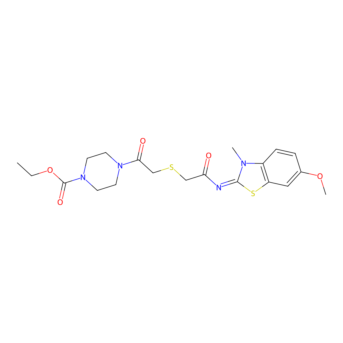 (Z)-ethyl 4-(2-((2-((6-methoxy-3-methylbenzo[d]thiazol-2(3H)-ylidene)amino)-2-oxoethyl)thio)acetyl)piperazine-1-carboxylate molecular structure, CAS 851716-81-9