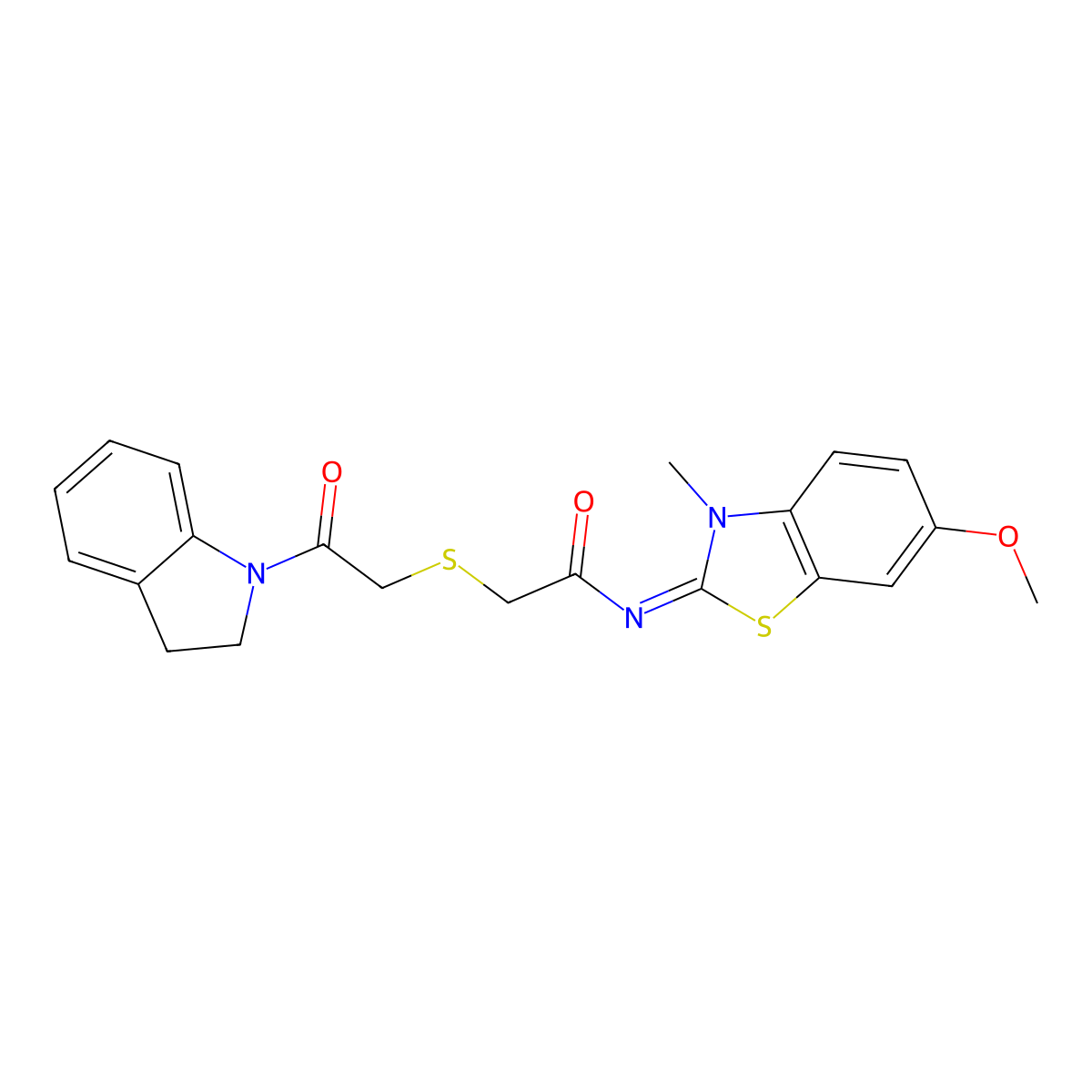 (Z)-2-((2-(indolin-1-yl)-2-oxoethyl)thio)-N-(6-methoxy-3-methylbenzo[d]thiazol-2(3H)-ylidene)acetamide molecular structure, CAS 851716-83-1