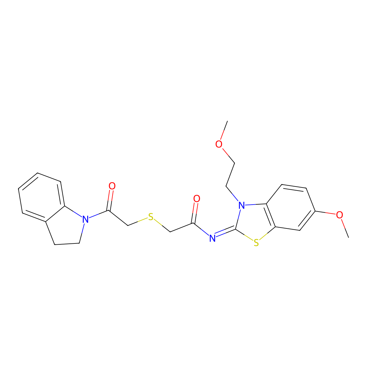 (Z)-2-((2-(indolin-1-yl)-2-oxoethyl)thio)-N-(6-methoxy-3-(2-methoxyethyl)benzo[d]thiazol-2(3H)-ylidene)acetamide molecular structure, CAS 851716-91-1