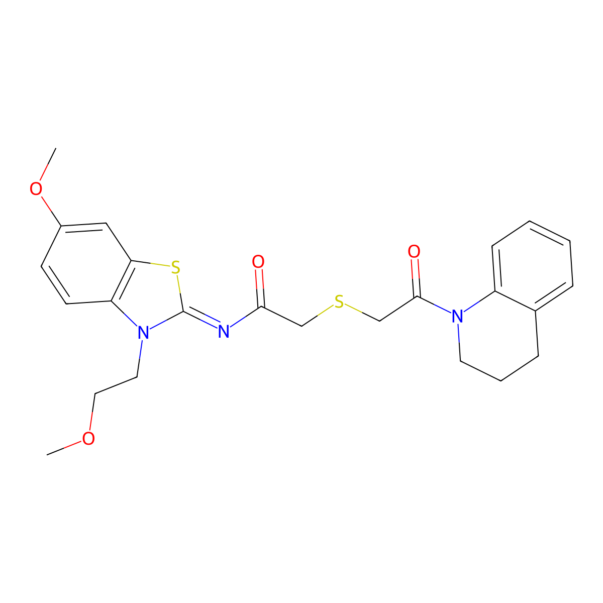 (Z)-2-((2-(3,4-dihydroquinolin-1(2H)-yl)-2-oxoethyl)thio)-N-(6-methoxy-3-(2-methoxyethyl)benzo[d]thiazol-2(3H)-ylidene)acetamide molecular structure, CAS 851716-92-2