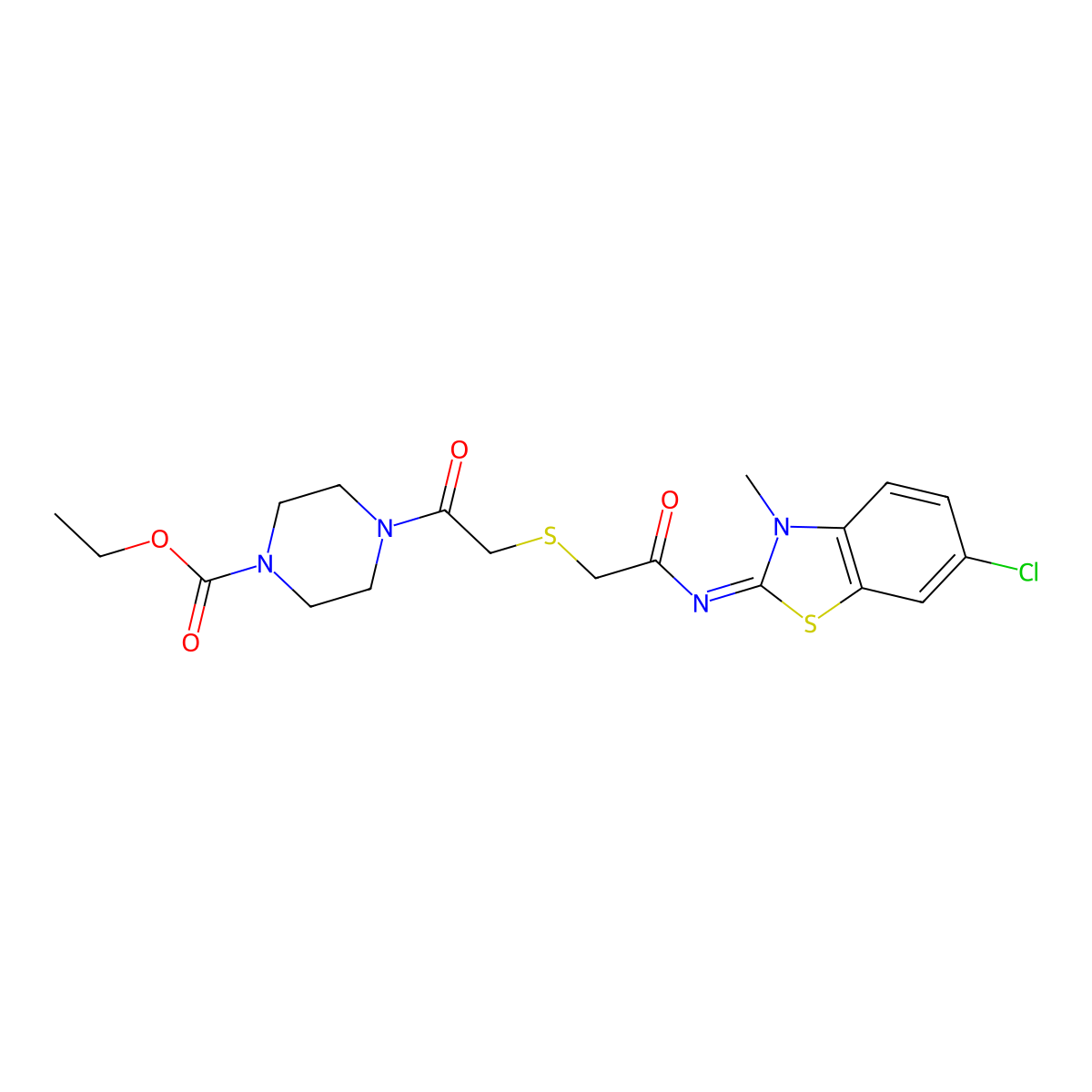 (Z)-ethyl 4-(2-((2-((6-chloro-3-methylbenzo[d]thiazol-2(3H)-ylidene)amino)-2-oxoethyl)thio)acetyl)piperazine-1-carboxylate molecular structure, CAS 851717-06-1
