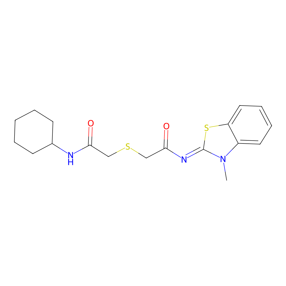 N-cyclohexyl-2-[2-[(3-methyl-1,3-benzothiazol-2-ylidene)amino]-2-oxoethyl]sulfanylacetamide molecular structure, CAS 851717-24-3