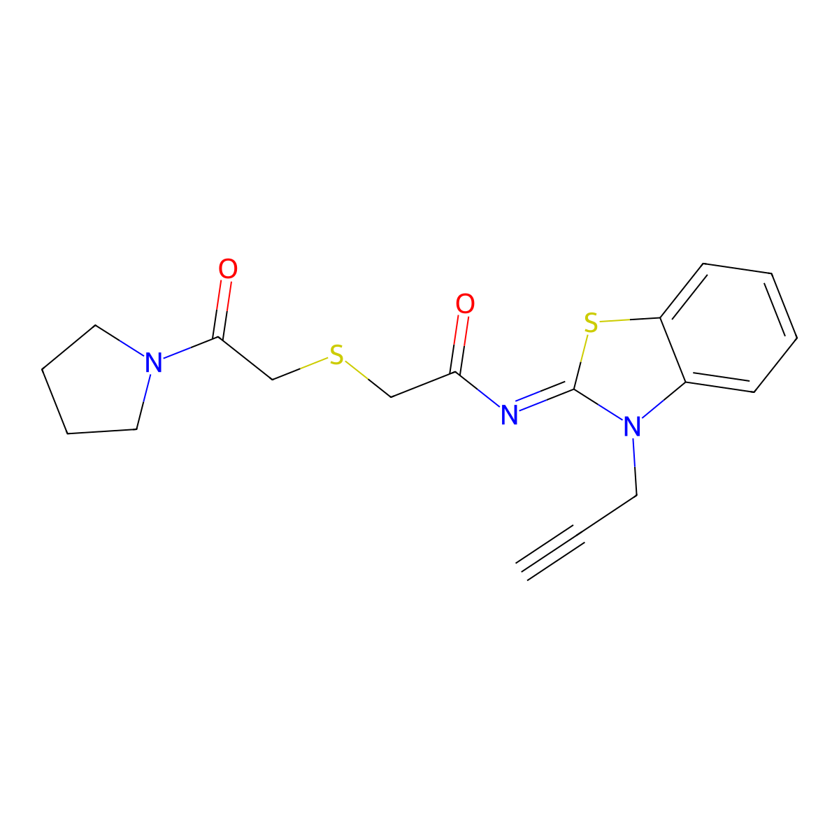 (Z)-2-((2-oxo-2-(pyrrolidin-1-yl)ethyl)thio)-N-(3-(prop-2-yn-1-yl)benzo[d]thiazol-2(3H)-ylidene)acetamide molecular structure, CAS 851717-37-8